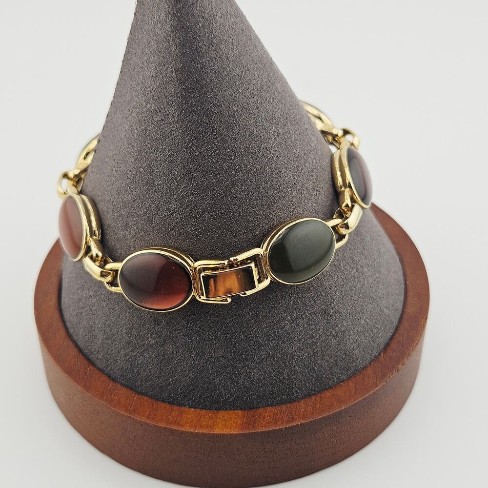 Liz Claiborne Gold Tone Cabochon Link Bracelet Dark Multicolor Glam Evening Vamp